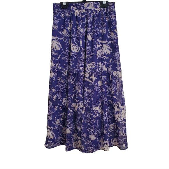 ba&sh Womens Uria Midi Skirt Small Violet Floral A-Line Tiered Lined Pur… - Picture 4 of 16